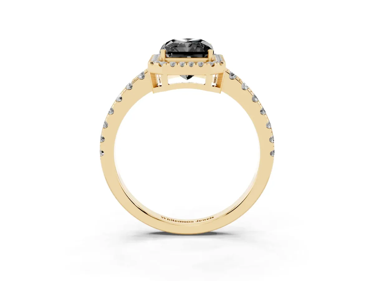 Fancy Black Radiant Cut Diamond Halo Ring with Pavé Band and Four-Prong Setting Yellow gold