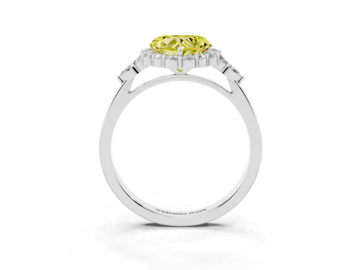 Fancy Yellow Heart Cut Diamond Halo Ring with Pear Side Stones and Prong Setting Silver