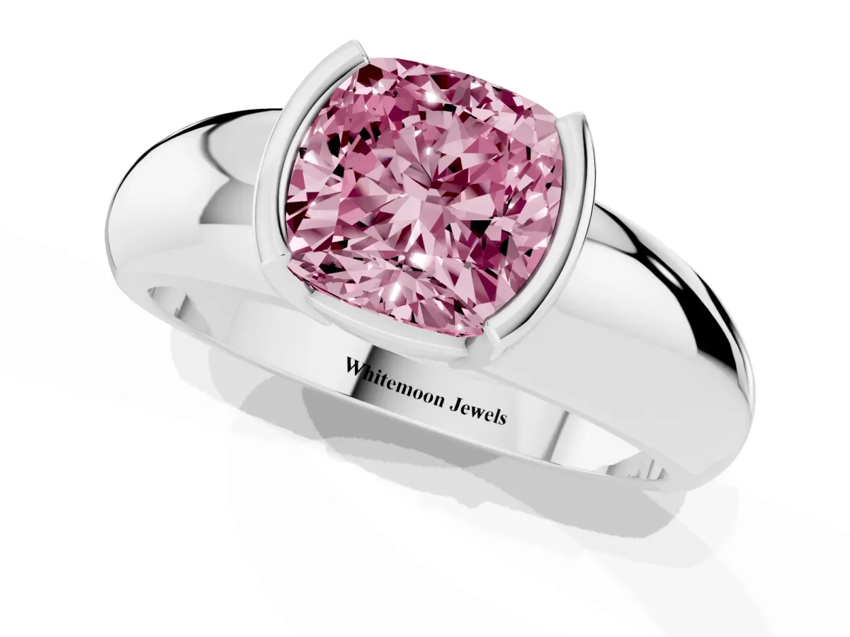 Fancy Pink Cushion Cut Solitaire Tension Set Diamond Ring with Wide Band Platinum