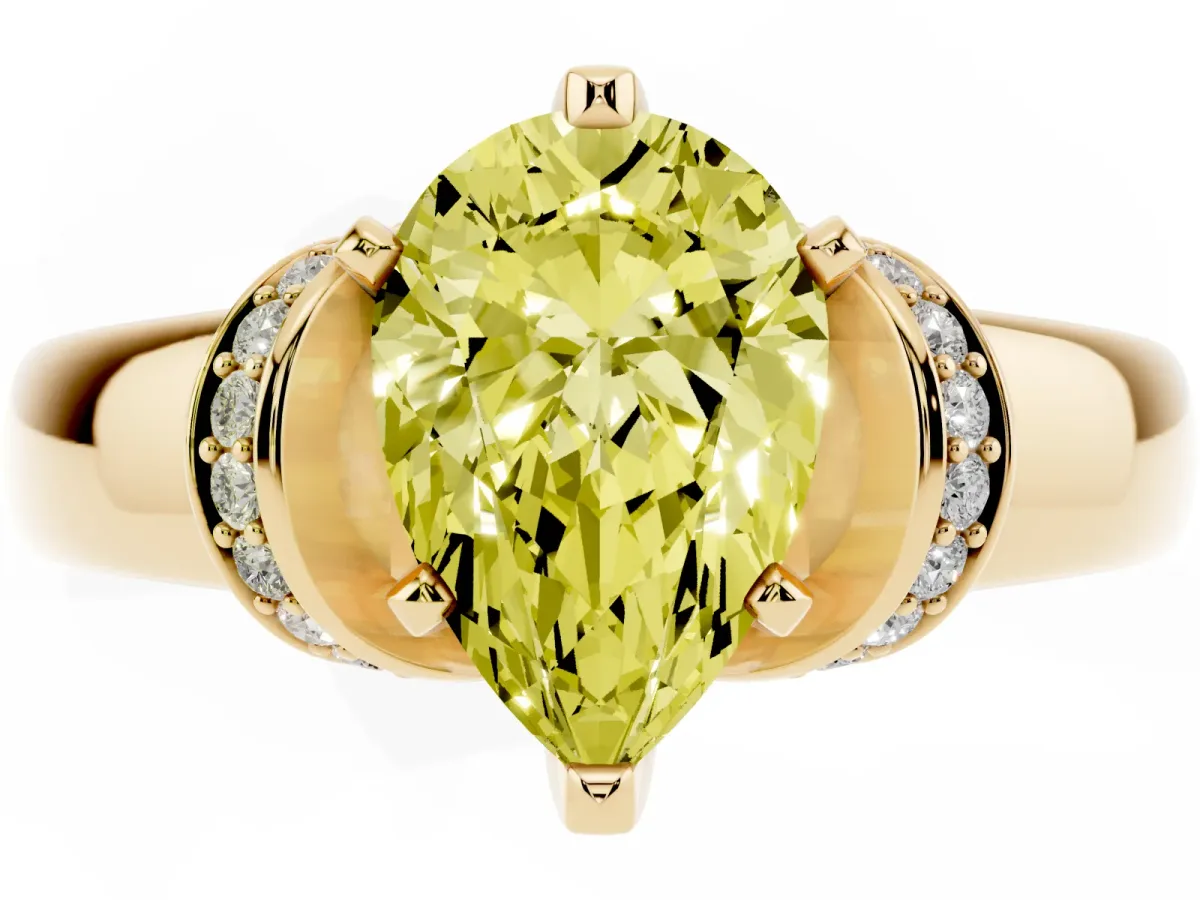 Fancy Yellow Pear Cut Solitaire Diamond Ring with Pave Band and Six-Prong Setting Yellow gold