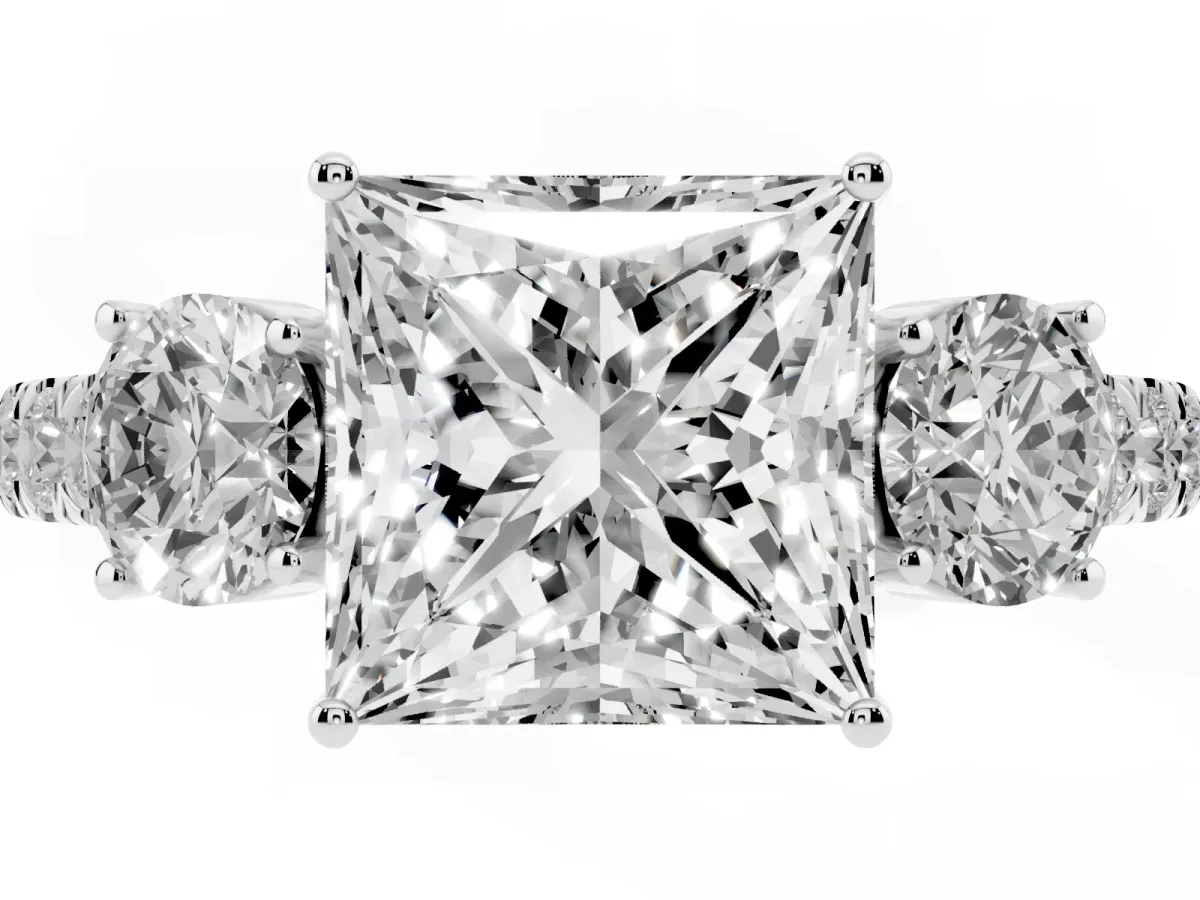 Princess Cut Cut Diamond Three-Stone Ring with Round Side Stones and Pavé Band Platinum