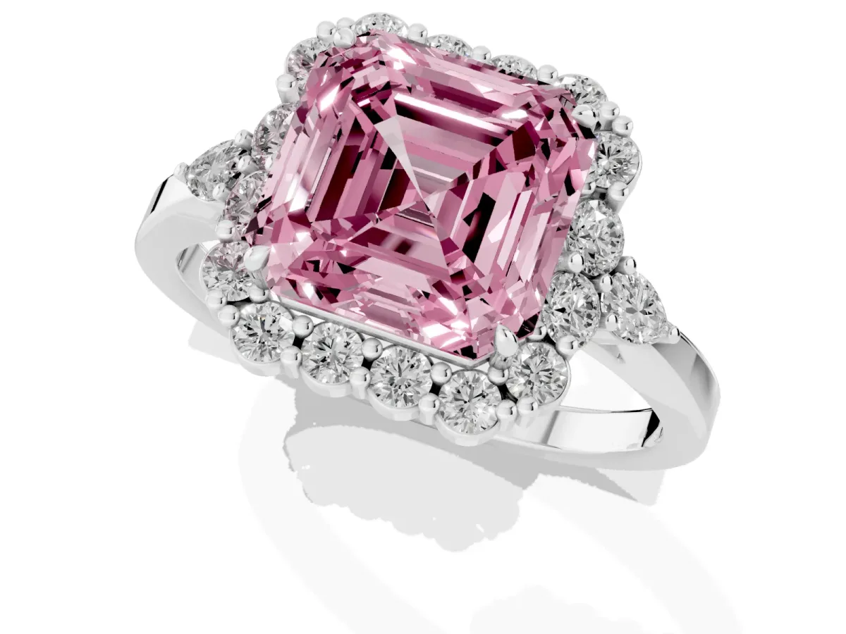 Fancy Pink Asscher Cut Diamond Halo Ring with Pear Side Stones and Prong Setting Silver