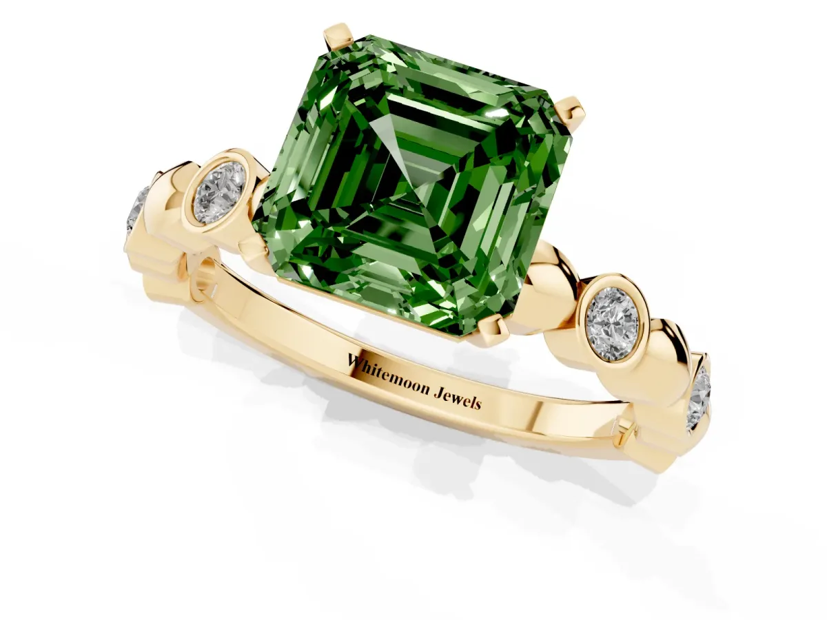Fancy Green Asscher Cut Solitaire Bezel-Set Diamond Ring with Beaded Band and Four-Prong Setting Yellow gold
