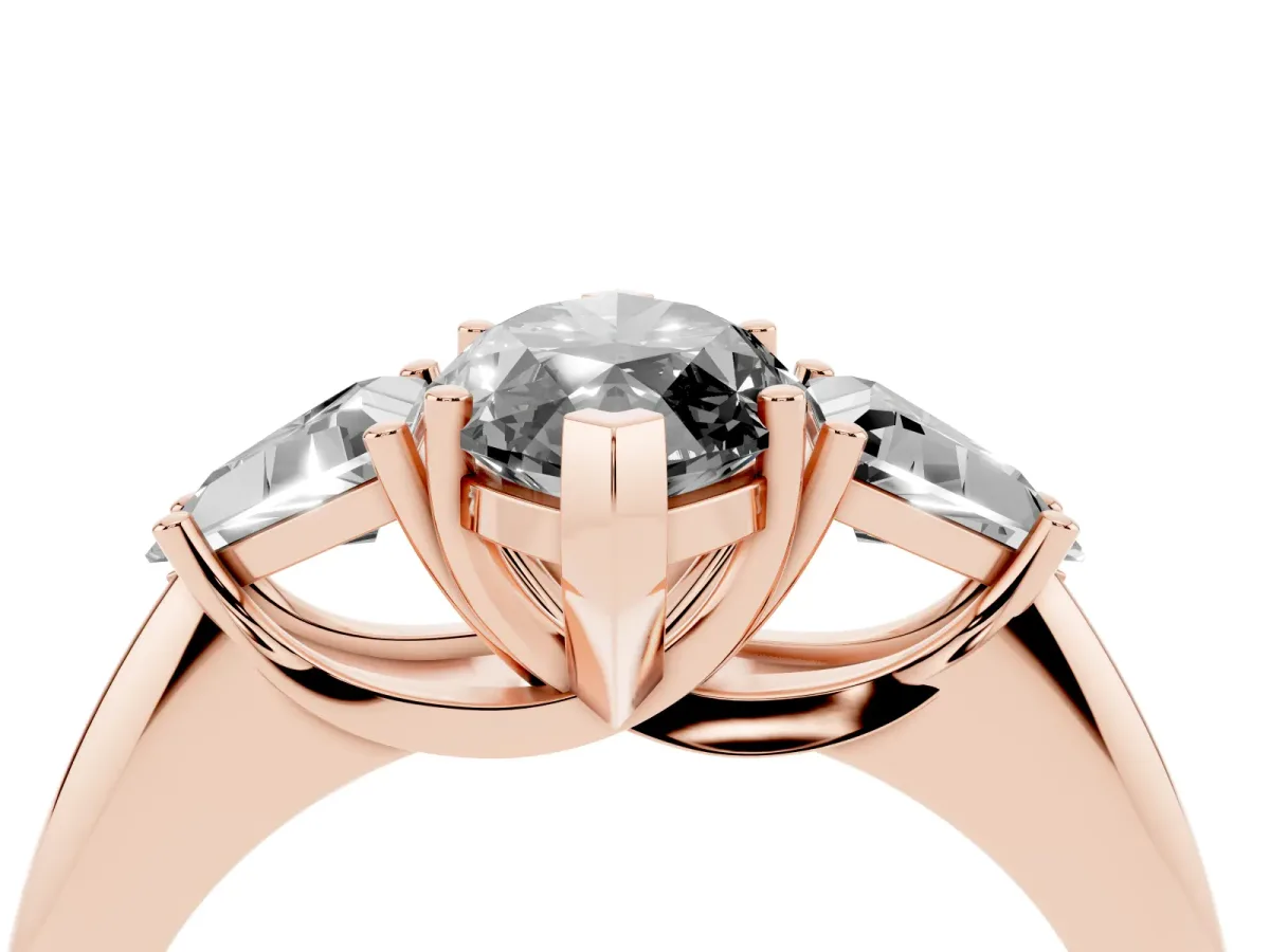 Fancy Black Three-Stone Marquise Cut Diamond Engagement Ring with Trillion Side Stones and Prong Setting Rose gold