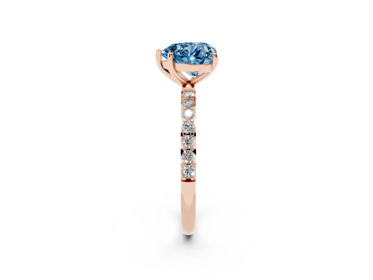 Fancy Blue Heart Cut Diamond Solitaire Ring with Round Pavé Shoulders and Prong Setting Rose gold