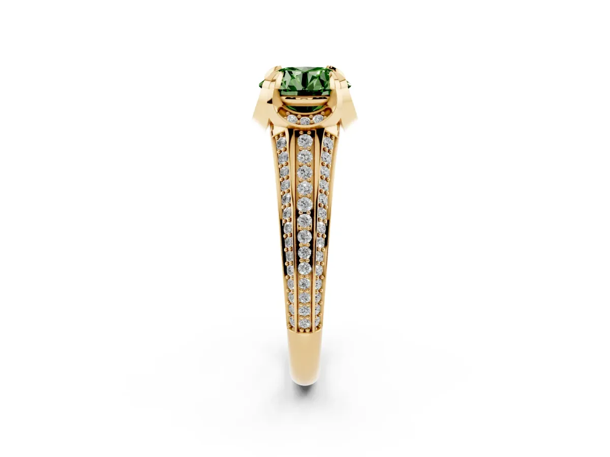 Fancy Green Round Cut Solitaire Pave Split Shank Ring with Four-Prong Setting Yellow gold