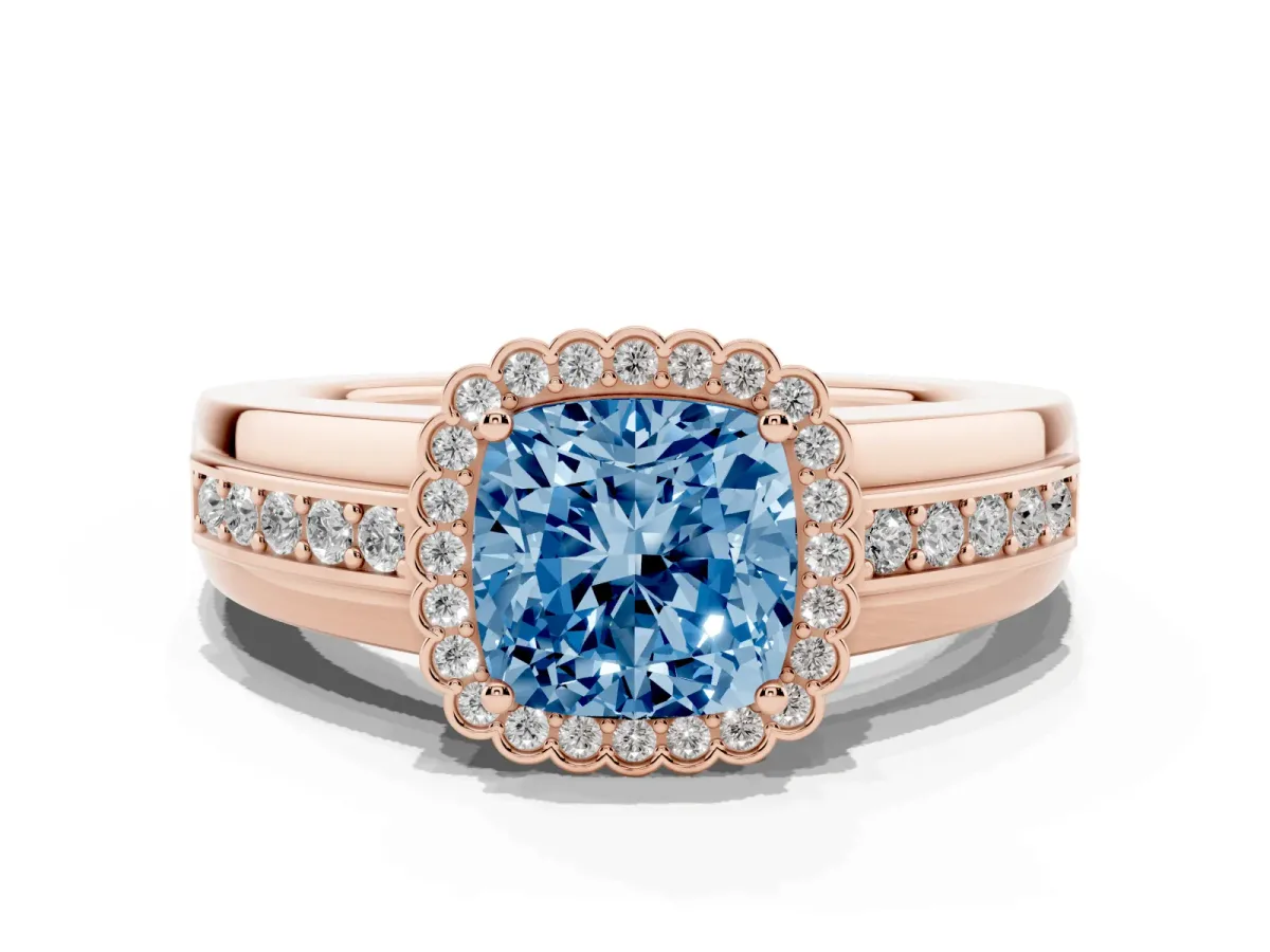 Fancy Blue Cushion Cut Cut Halo Pave Band Four-Prong Ring Rose gold