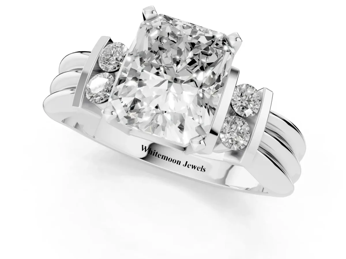Radiant Cut Cut Three-Stone Channel Set Ring with Bar Prongs Silver