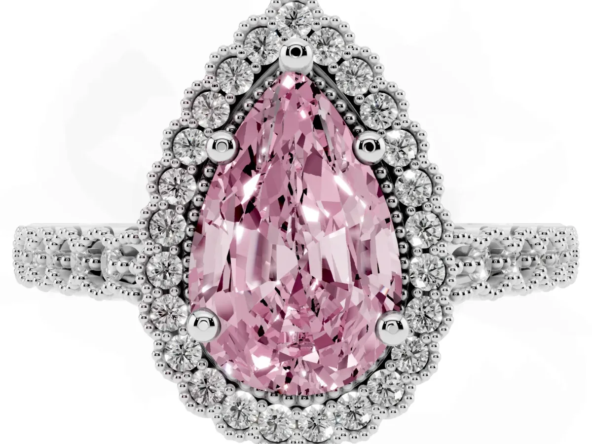 Fancy Pink Pear Cut Cut Halo Pavé Solitaire Ring with Milgrain Band Platinum