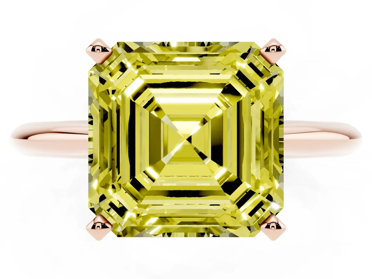 Fancy Yellow Asscher Cut Cut Solitaire Ring with Four-Prong Setting on a Classic Band Rose gold