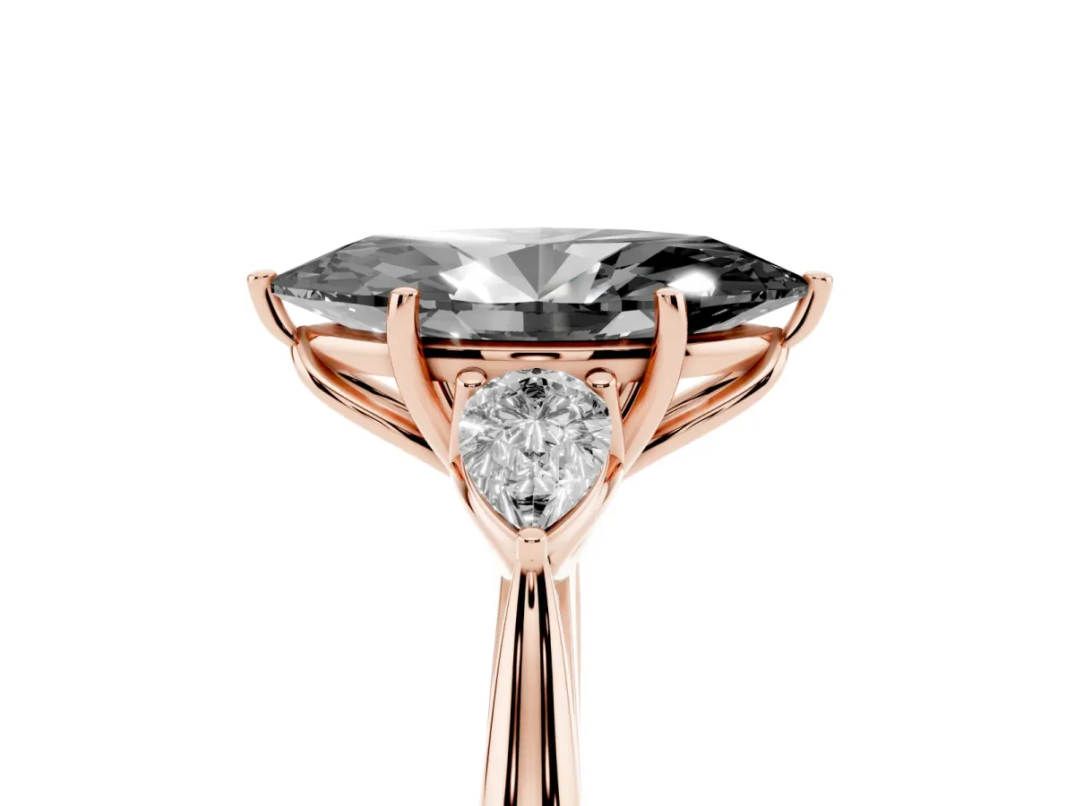 Fancy Black Marquise Cut Diamond Three-Stone Ring with Pear Side Stones and Prong Setting Rose gold