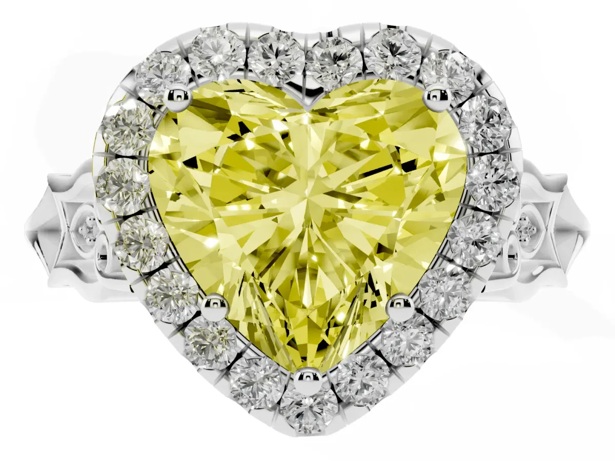 Fancy Yellow Heart Cut Halo Diamond Engagement Ring with Filigree Band and Four-Prong Setting Silver