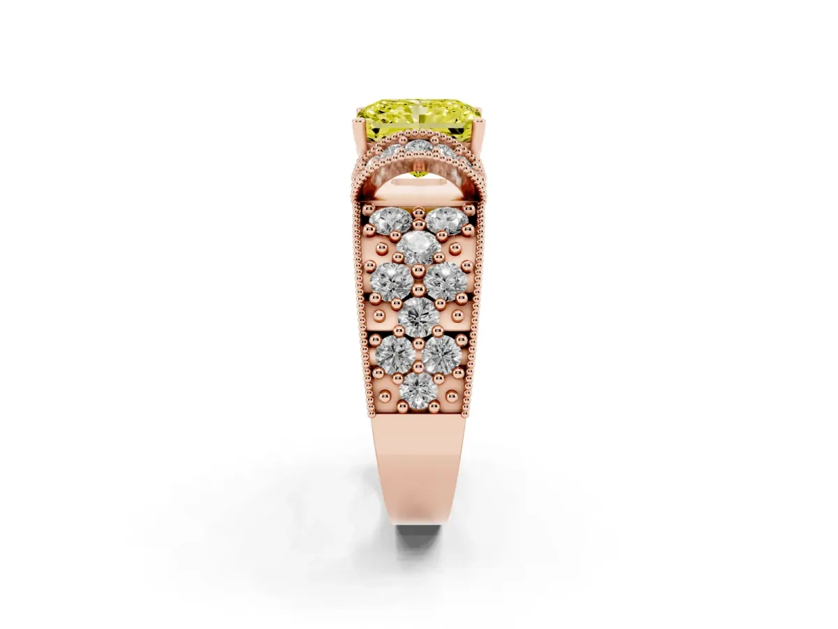 Fancy Yellow Radiant Cut Halo Pave Diamond Engagement Ring with Milgrain Detailing Rose gold