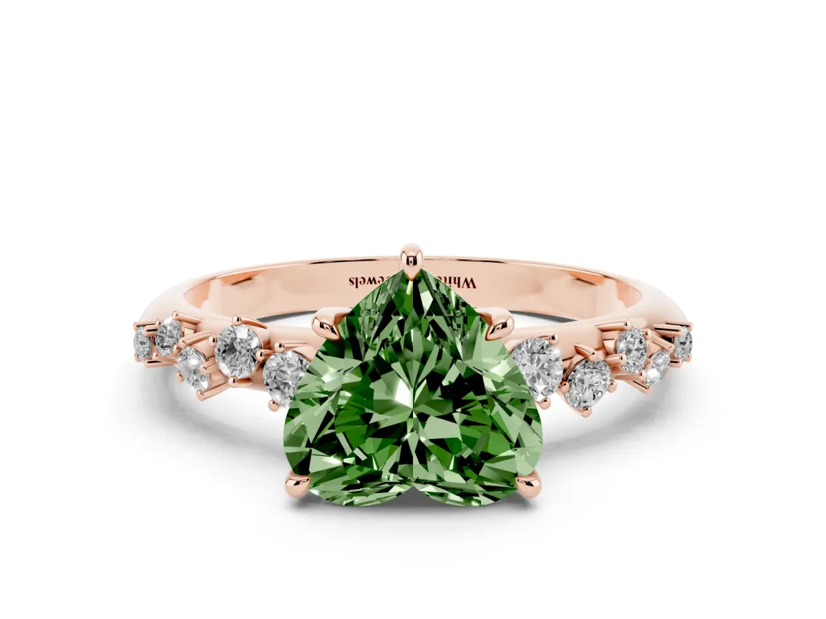 Fancy Green Heart Cut Diamond Cluster Side Stone Solitaire Ring with Prong Setting Rose gold