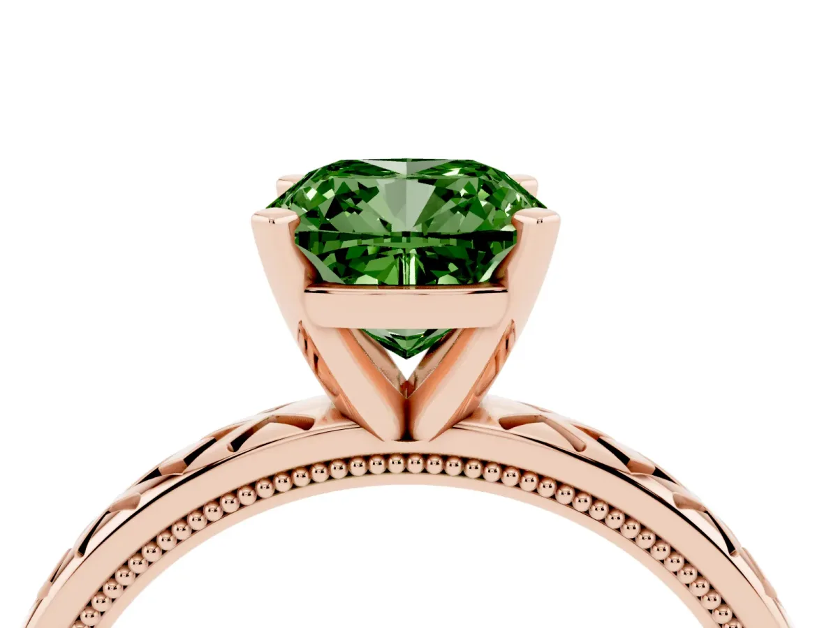 Fancy Green Cushion Cut Solitaire Diamond Ring with Milgrain and Black Enamel X Pattern Band Rose gold