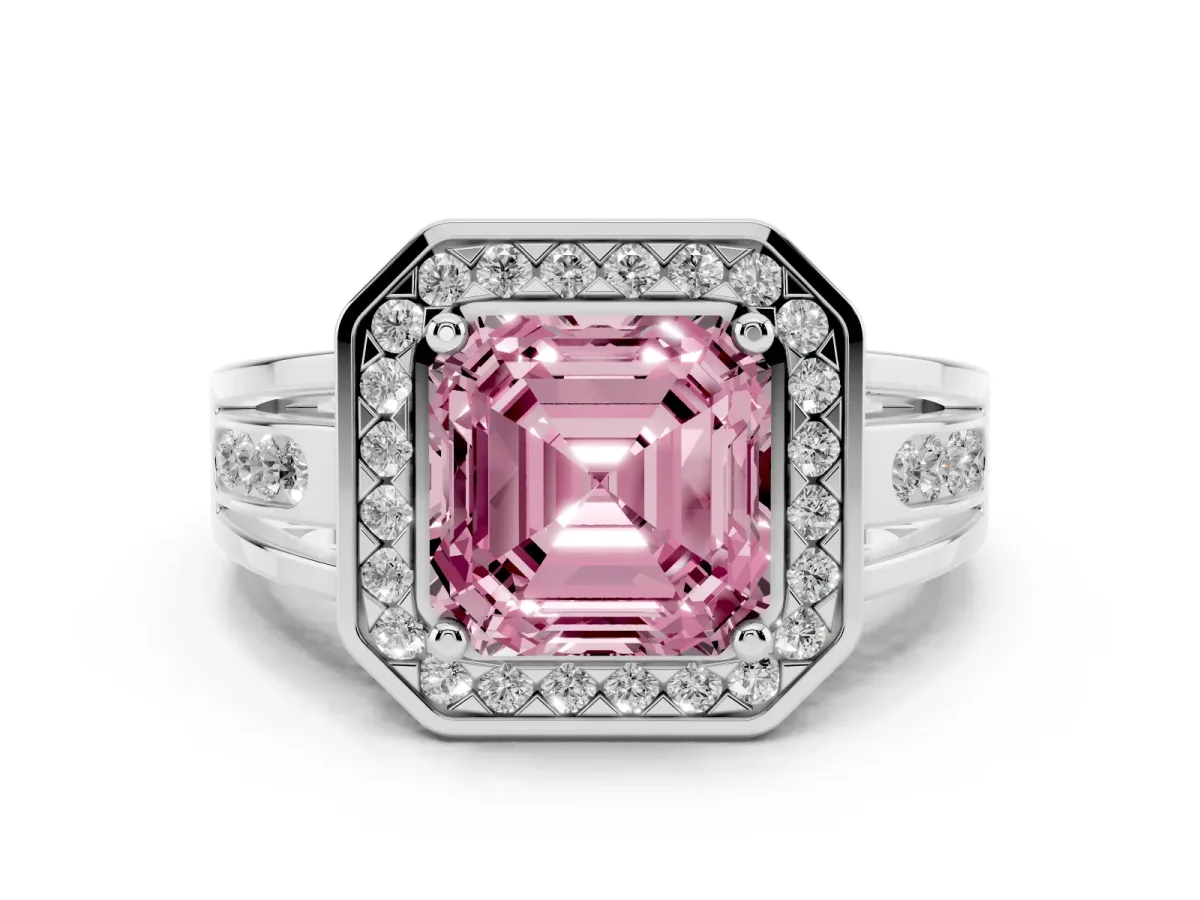 Fancy Pink Asscher Cut Diamond Halo Ring with Split Shank and Bezel Accents and Prong Setting Silver