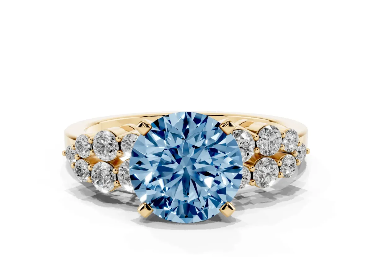 Fancy Blue Round Cut Cluster Diamond Engagement Ring with Pavé Band and Four-Prong Setting Yellow gold