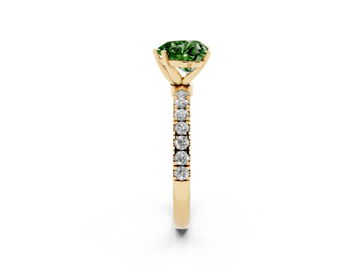 Fancy Green Heart Cut Diamond Solitaire Ring with Pavé Accents and Four-Prong Setting Yellow gold