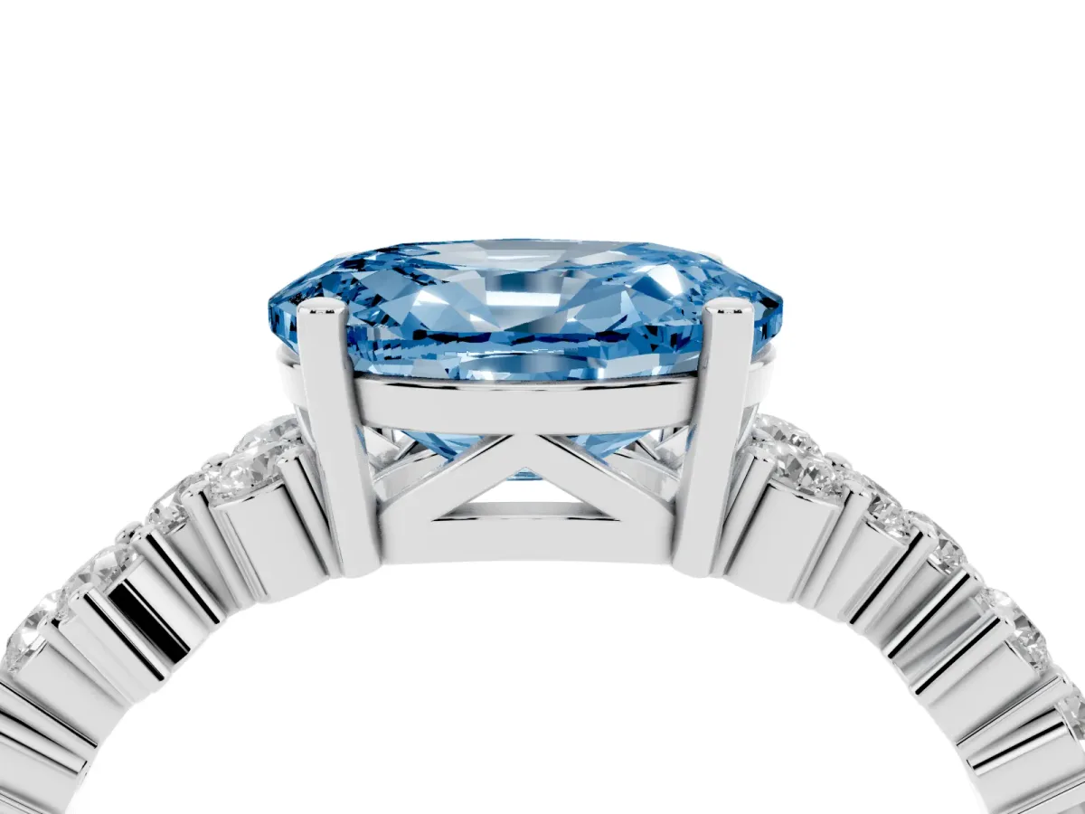 Fancy Blue Oval Cut Diamond Scattered Round Accent Ring with Prong Setting White gold