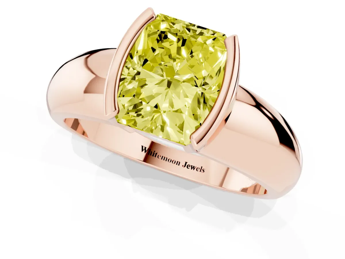 Fancy Yellow Radiant Cut Solitaire Tension Set Diamond Ring with Wide Band Rose gold