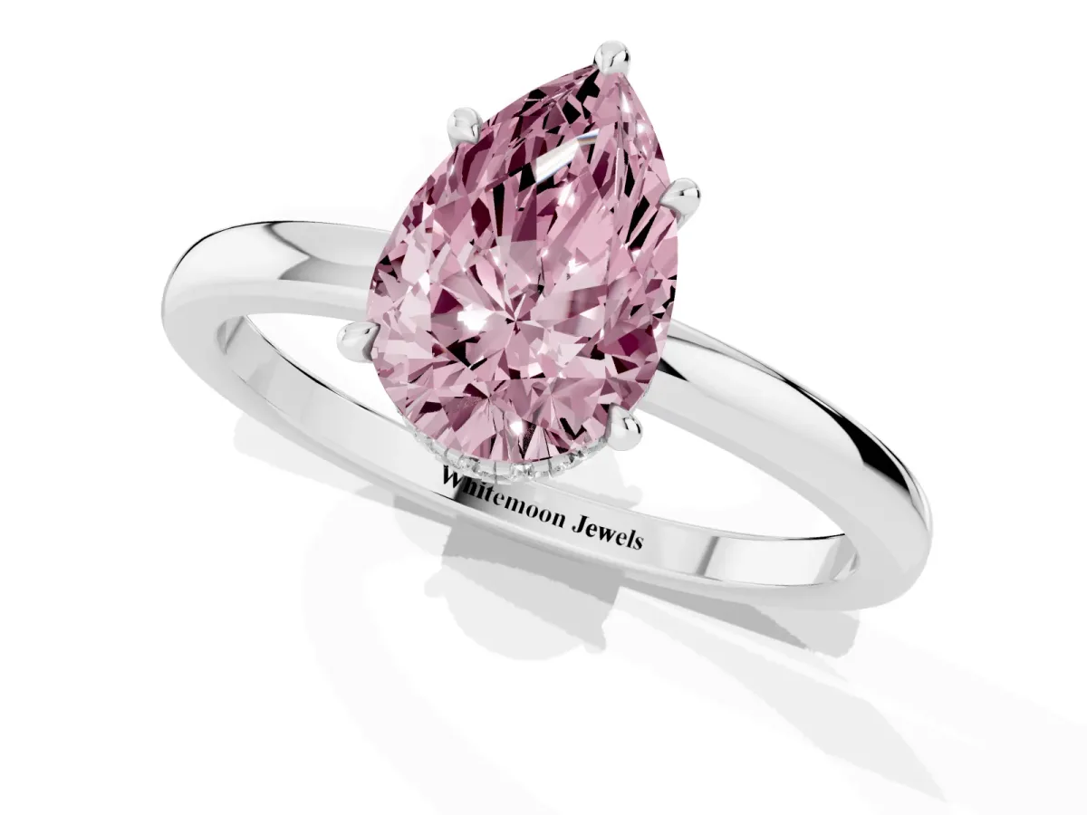 Fancy Pink Pear Cut Solitaire Engagement Ring with Cathedral Band and Four-Prong Setting Silver