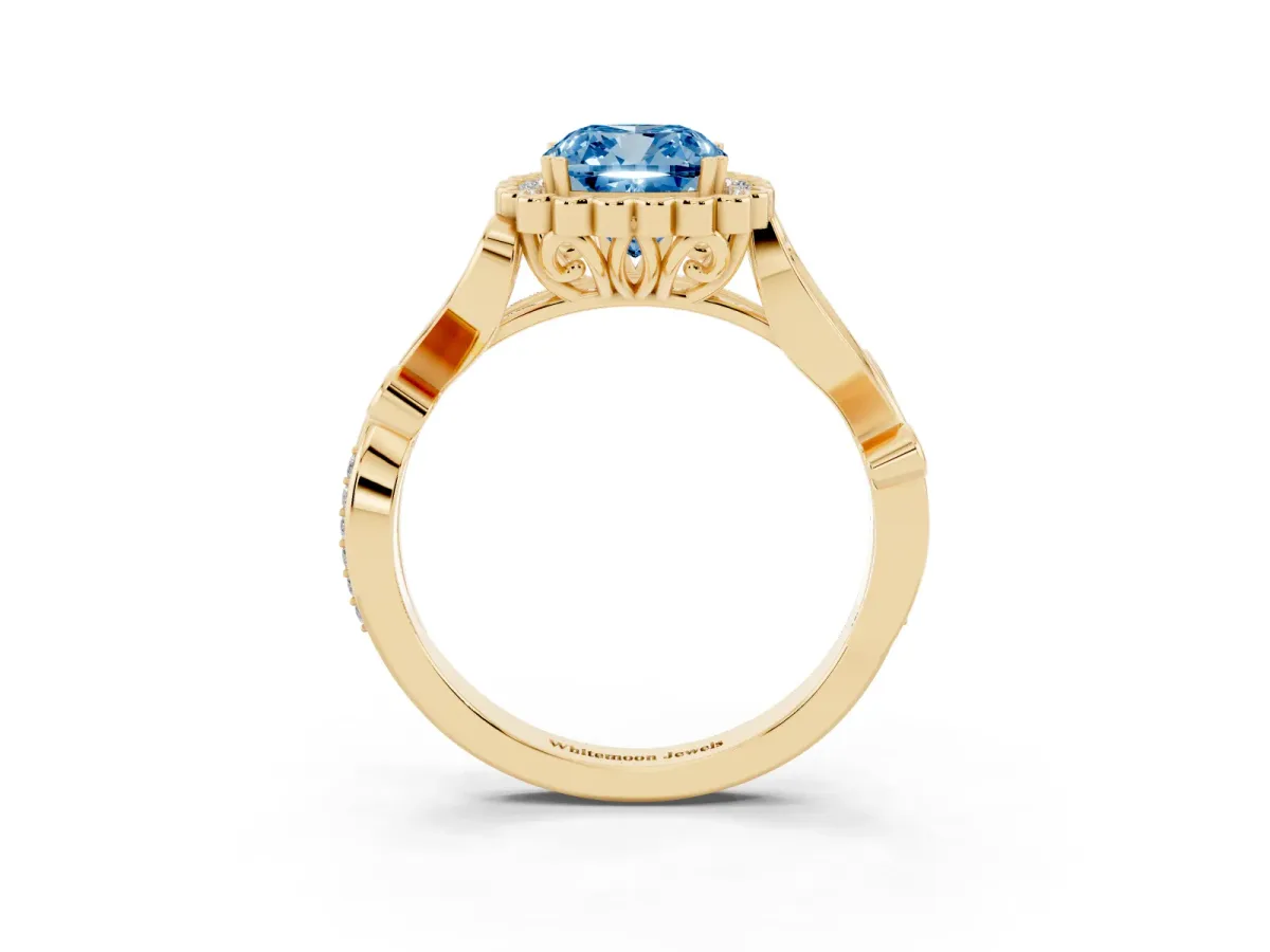 Fancy Blue Cushion Cut Diamond Halo Ring with Vintage Split Shank and Four-Prong Setting Yellow gold