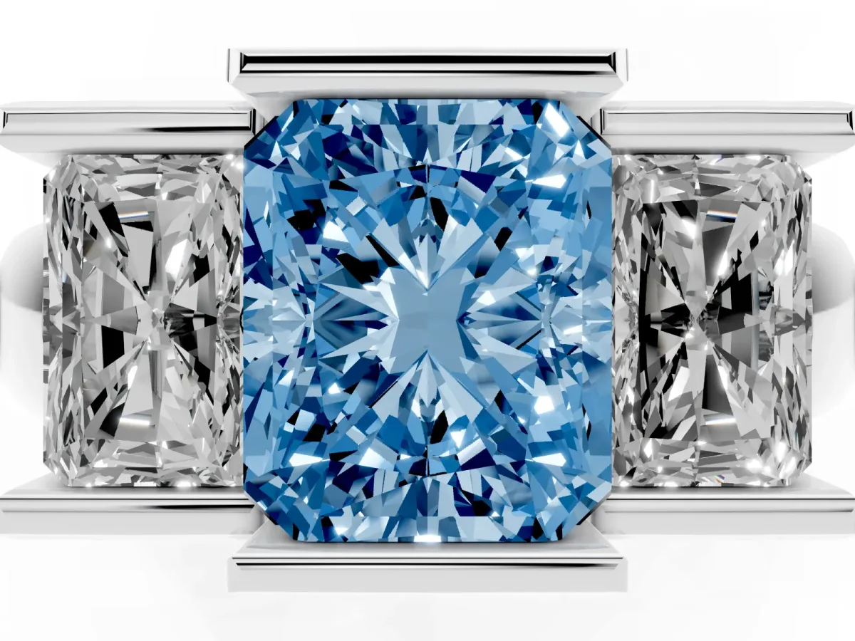 Fancy Blue Three Stone Radiant Cut Cut Channel Set Diamond Ring Silver