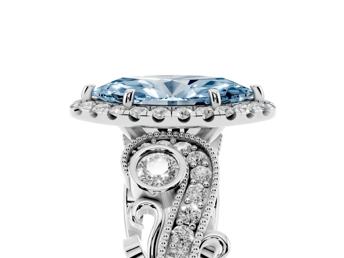 Fancy Blue Marquise Cut Halo Diamond Ring with Milgrain and Bezel Accents on a Split Shank Band White gold
