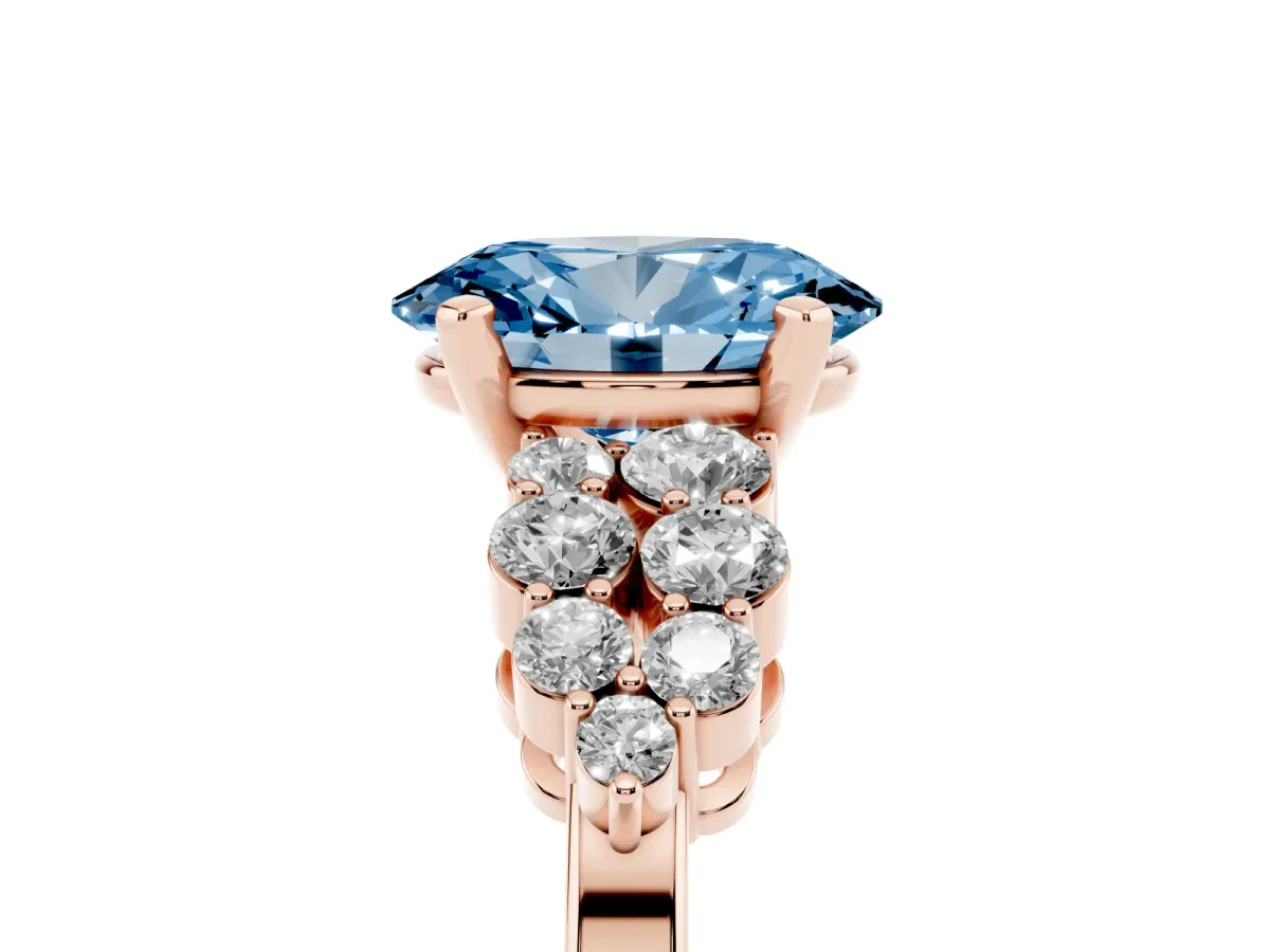 Fancy Blue Oval Cut Cluster Diamond Engagement Ring with Pavé Band and Four-Prong Setting Rose gold