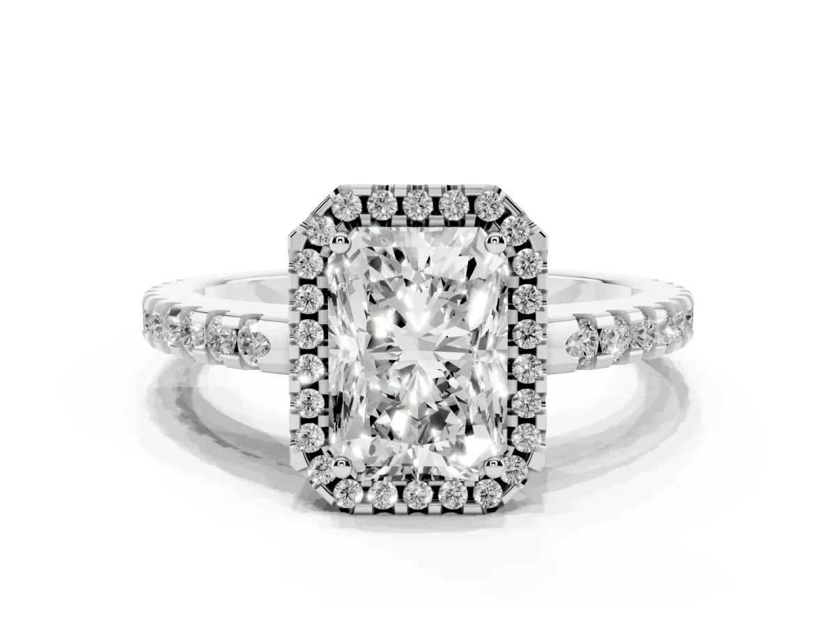 Radiant Cut Diamond Halo Engagement Ring with Pavé Band and Prong Setting Silver