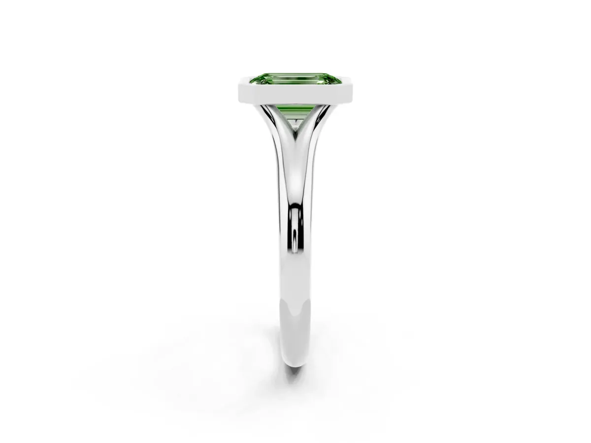 Fancy Green Bezel Set Emerald Cut Solitaire Diamond Ring with Smooth Band Silver