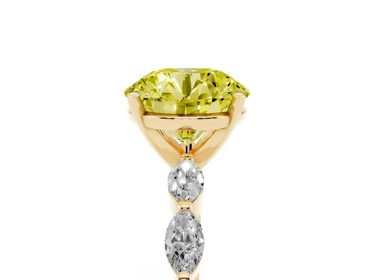 Fancy Yellow Round Cut Diamond Ring with Marquise Side Stones and Prong Setting Yellow gold