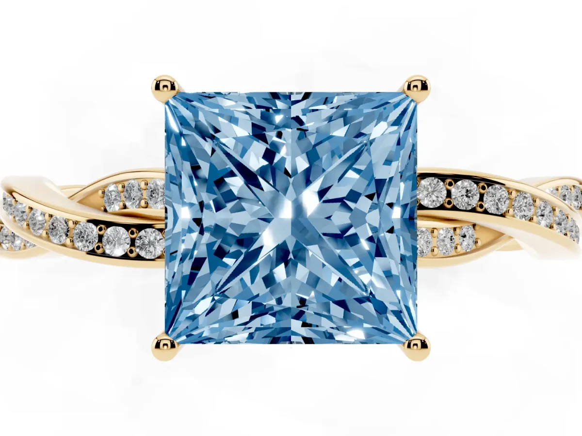 Fancy Blue Princess Cut Solitaire Twisted Pave Diamond Ring with Four-Prong Setting Yellow gold