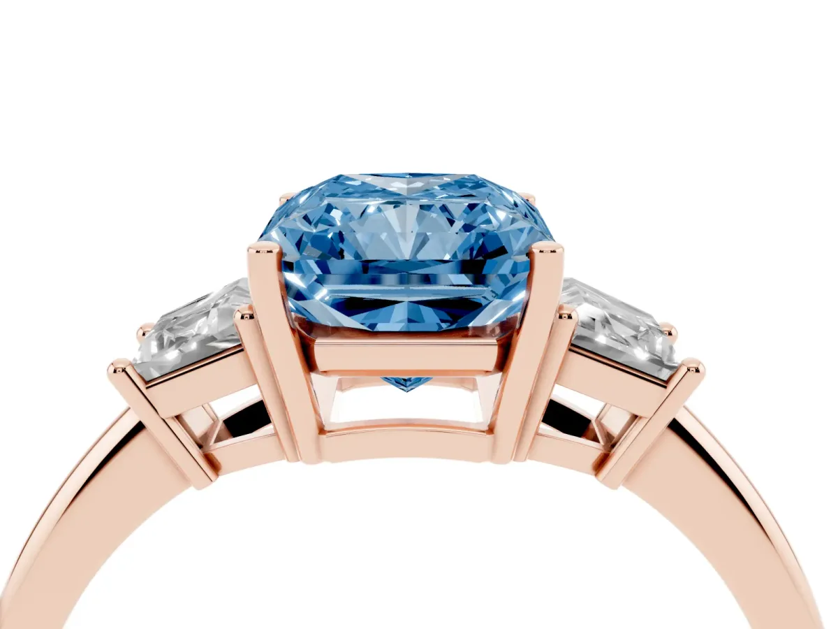 Fancy Blue Radiant Cut Diamond Three-Stone Ring with Trapezoid Side Stones and Prong Setting Rose gold