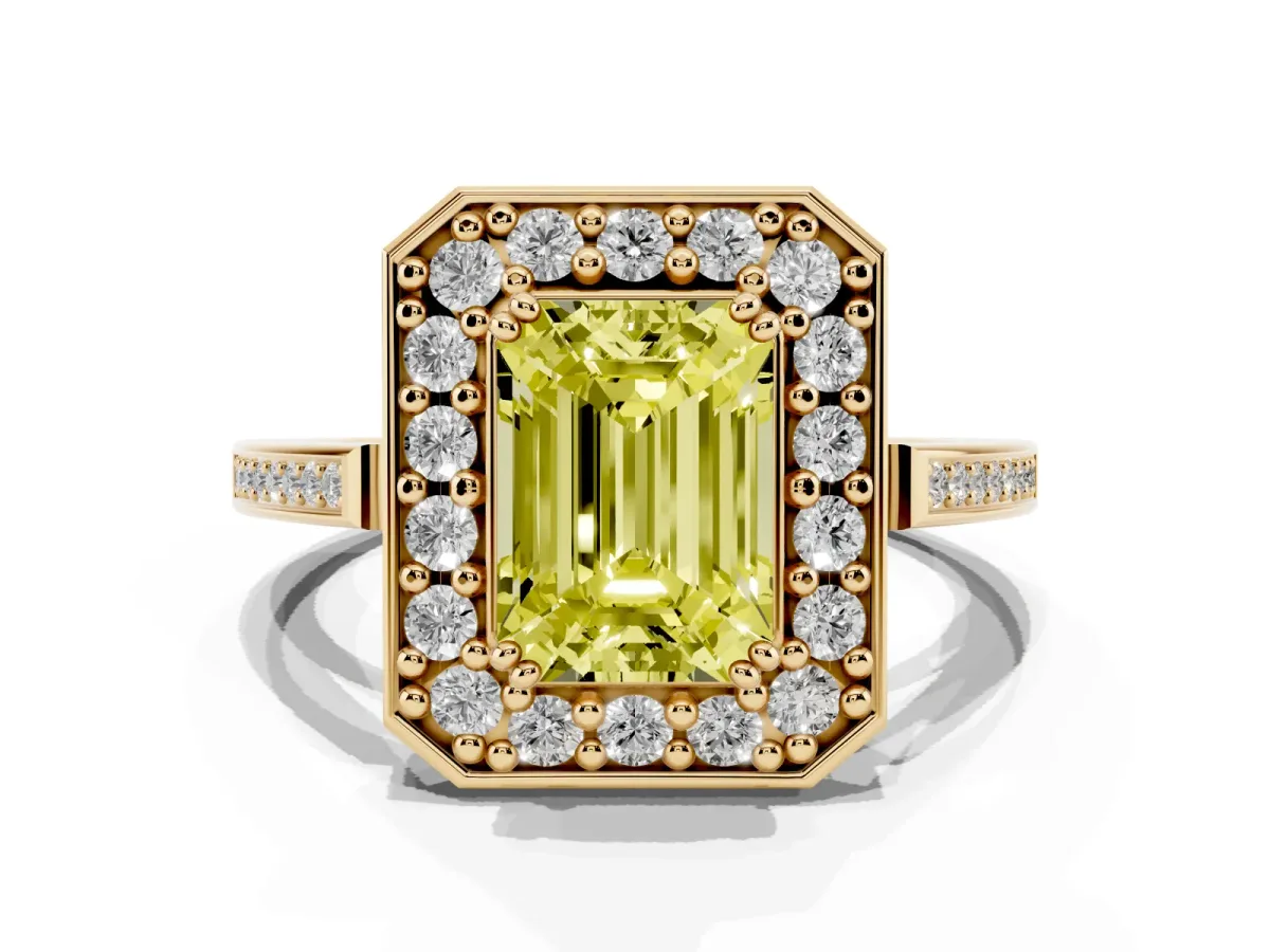 Fancy Yellow Emerald Cut Diamond Halo Ring with Split Shank and Four-Prong Setting Yellow gold