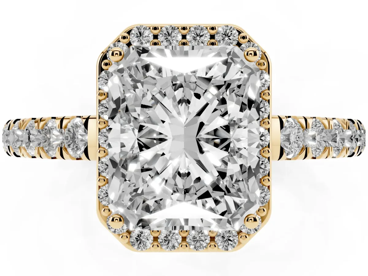 Radiant Cut Cut Halo Diamond Engagement Ring with Pave Band and Four-Prong Setting Yellow gold