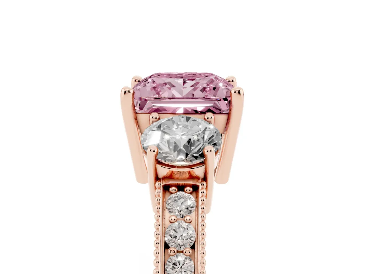 Fancy Pink Princess Cut Three-Stone Diamond Ring with Pavé Band and Four-Prong Setting Rose gold