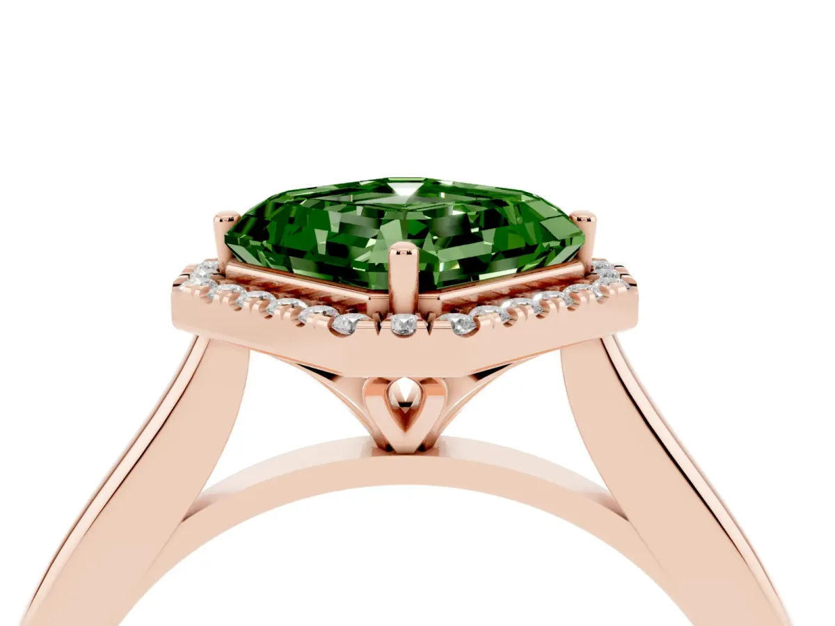 Fancy Green Asscher Cut Halo Round Diamond Solitaire Engagement Ring with Pave Band and Four-Prong Setting Rose gold