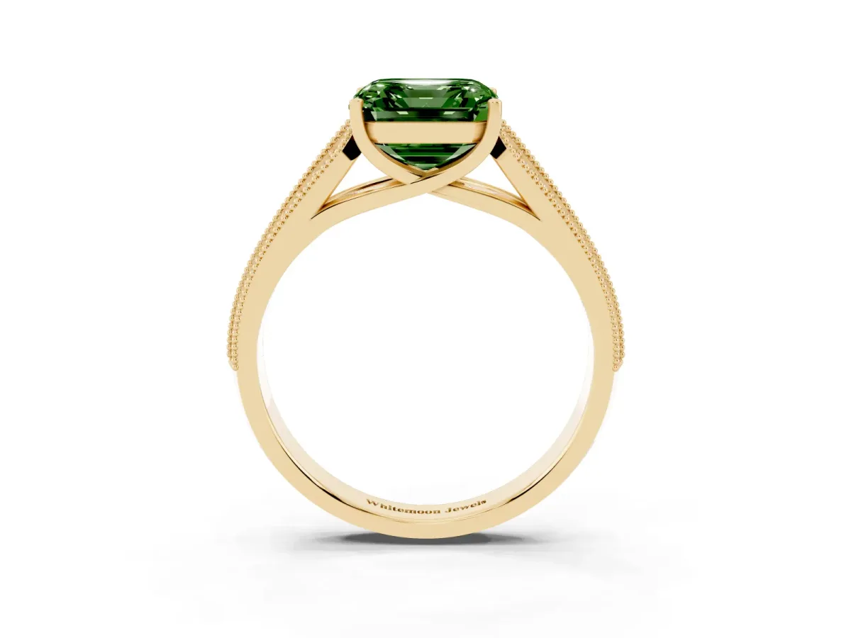 Fancy Green Asscher Cut Cut Pave Split Shank Engagement Ring with Four-Prong Setting Yellow gold