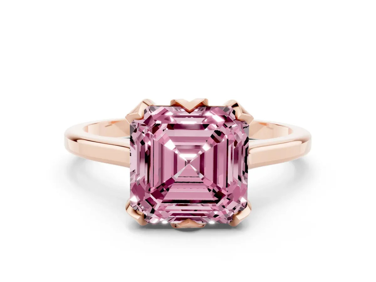 Fancy Pink Asscher Cut Diamond Solitaire Ring with Flower Prong Setting and Classic Band Rose gold