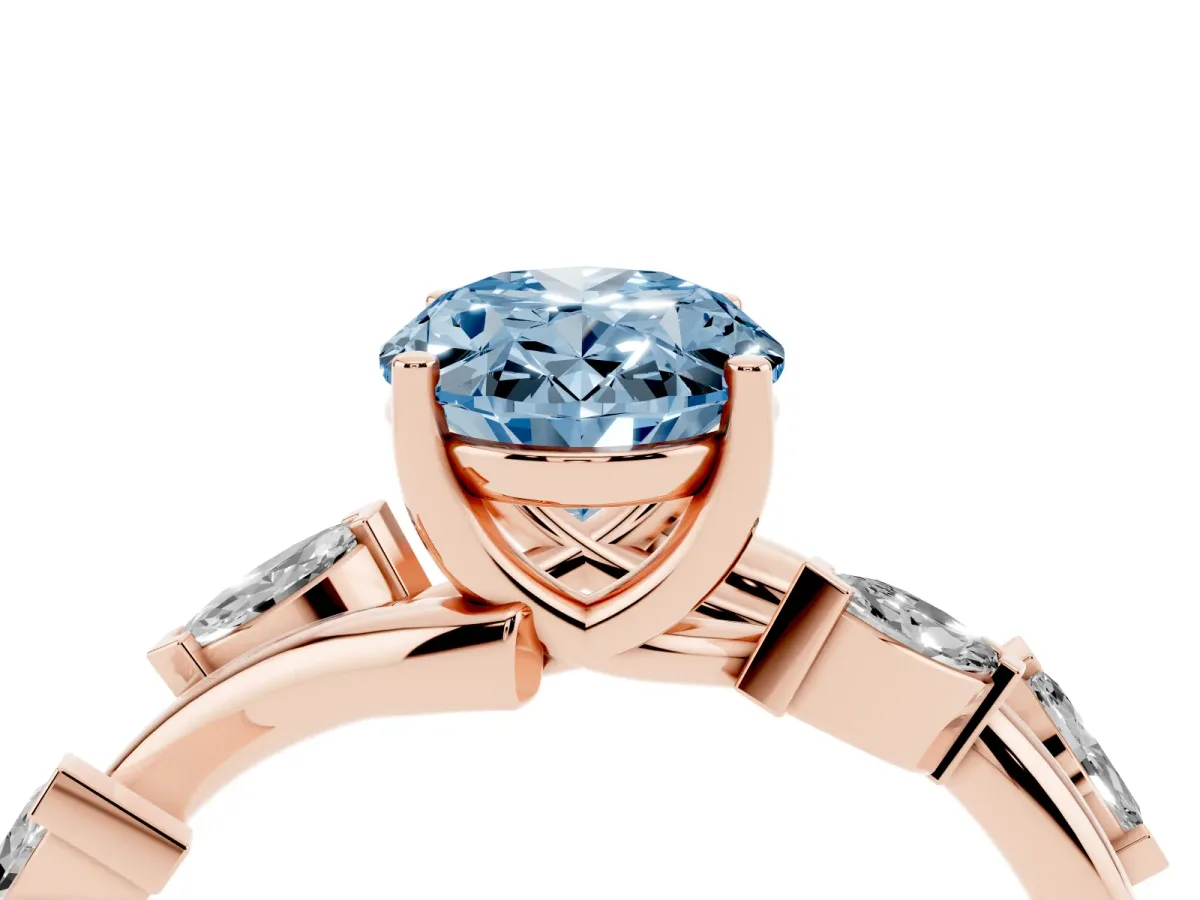 Fancy Blue Oval Cut Solitaire Twisted Band Marquise Accent Prong Setting Ring Rose gold