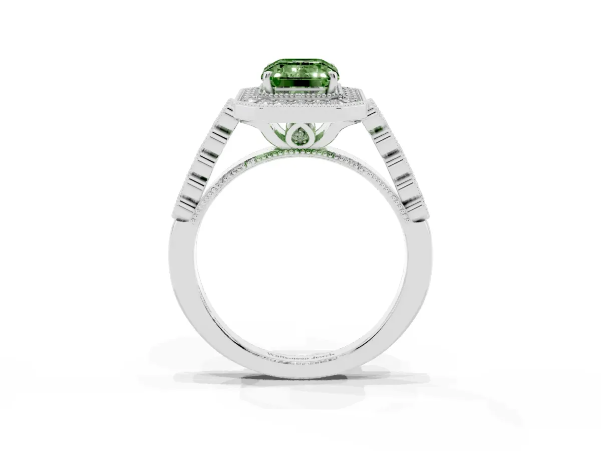 Fancy Green Emerald Cut Halo Milgrain Solitaire with Bezel Set Side Stones and Pave Band Silver