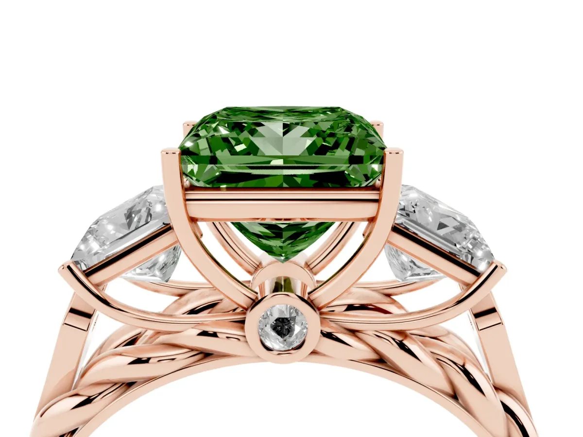Fancy Green Three-Stone Princess Cut Diamond Braided Band Ring with Four-Prong Setting Rose gold