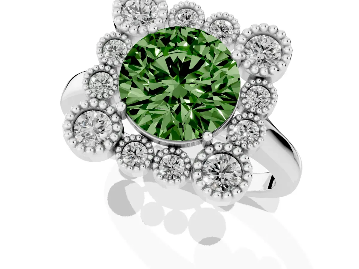 Fancy Green Round Cut Halo Diamond Cluster Engagement Ring with Milgrain Bezel Setting and Solitaire Band Silver