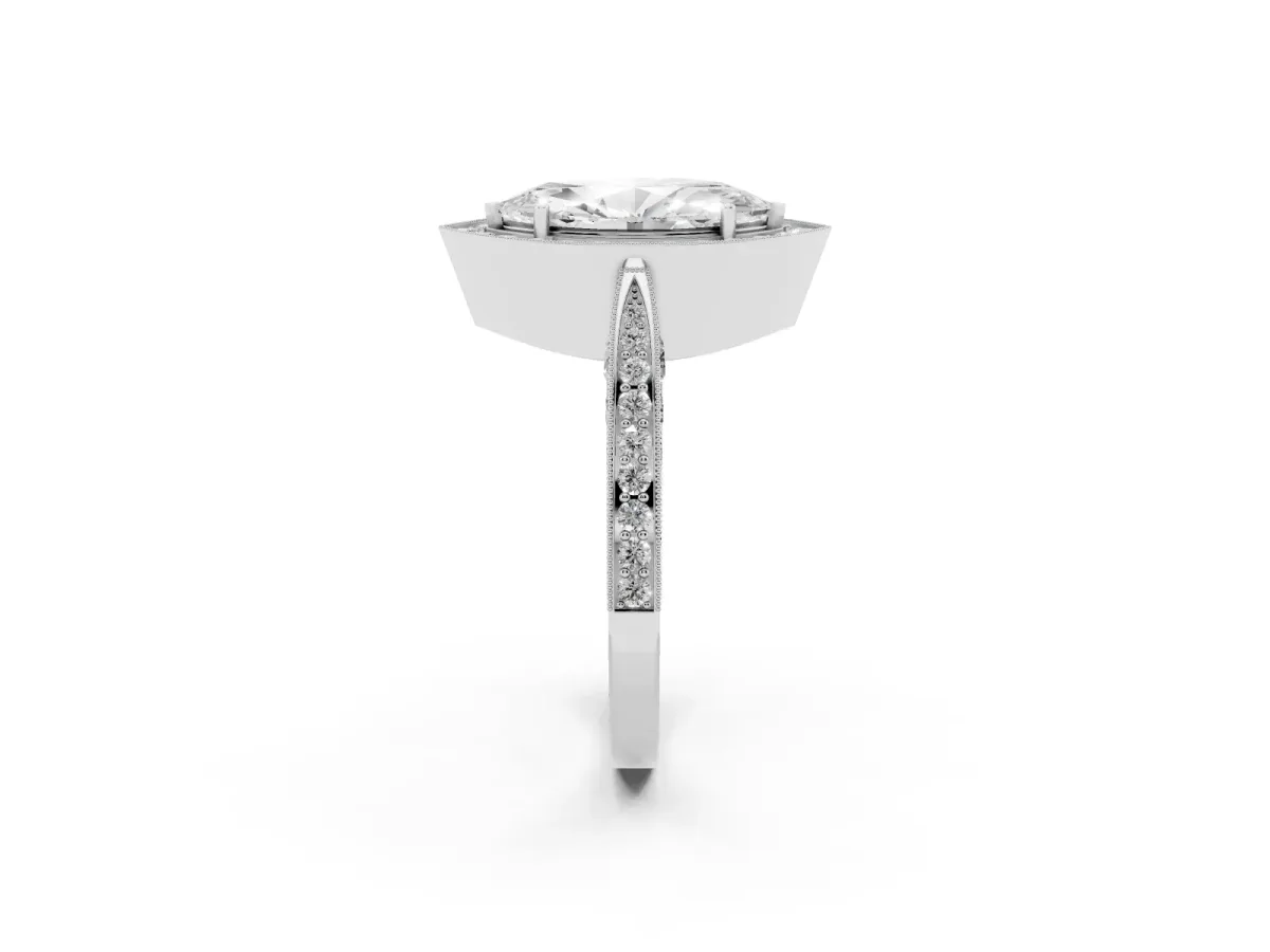 Marquise Cut Halo Diamond Engagement Ring with Split Shank Band and Four-Prong Setting Silver