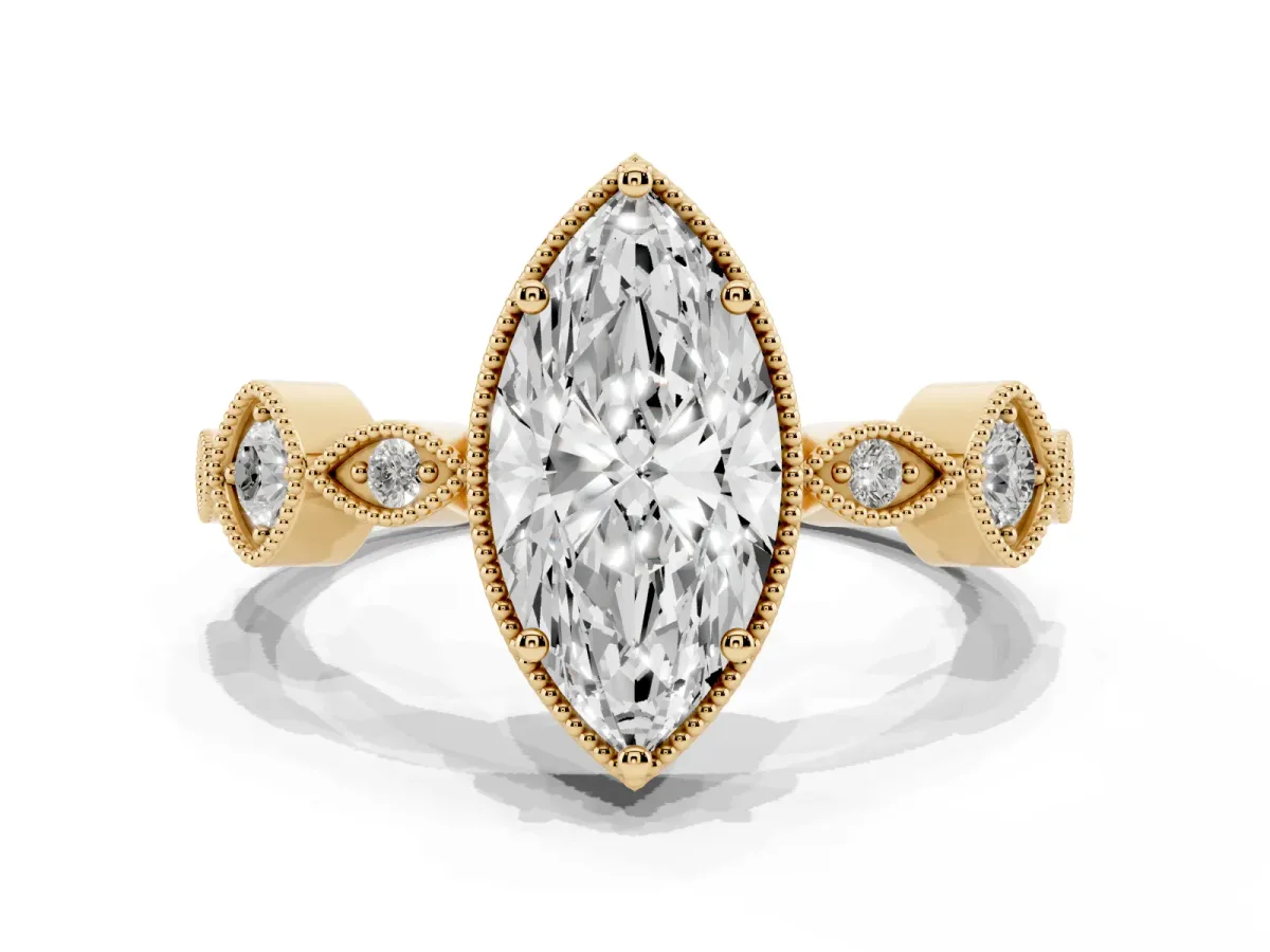 Marquise Cut Diamond Vintage Milgrain Ring with Round Stations Yellow gold