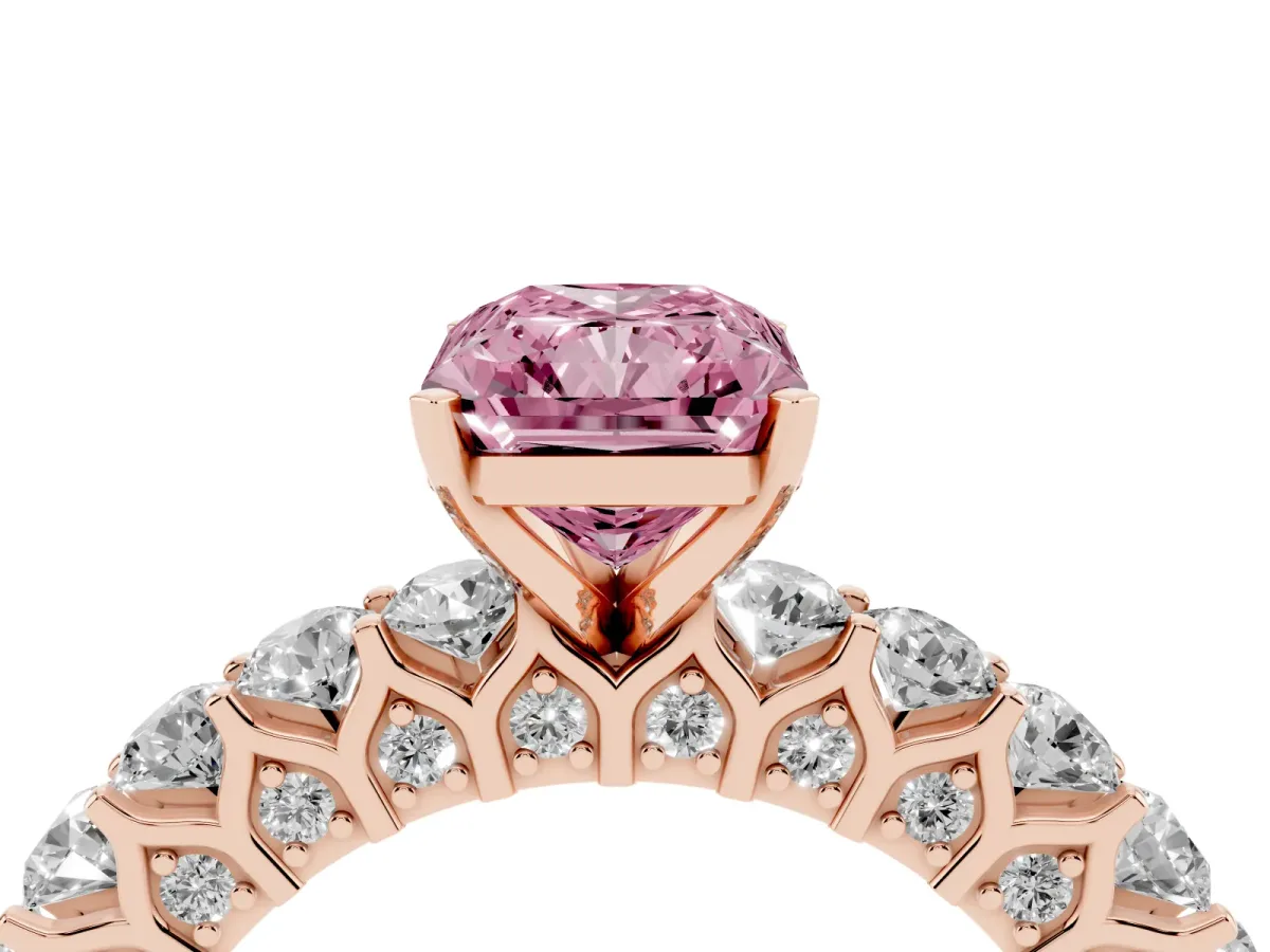 Fancy Pink Radiant Cut Diamond Solitaire Ring with Shared Prong Pavé Band and Four-Prong Setting Rose gold