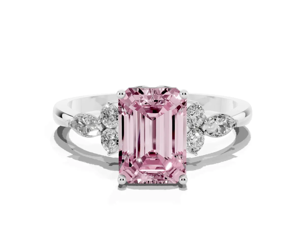 Fancy Pink Emerald Cut Brilliant Diamond Solitaire Ring with Pear Side Stones and Four-Prong Setting Platinum