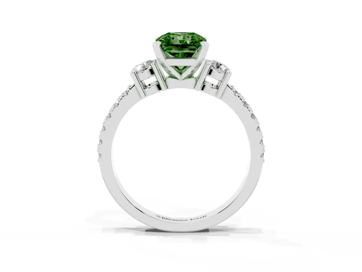 Fancy Green Radiant Cut Three-Stone Diamond Pavé Band with Prong Setting White gold