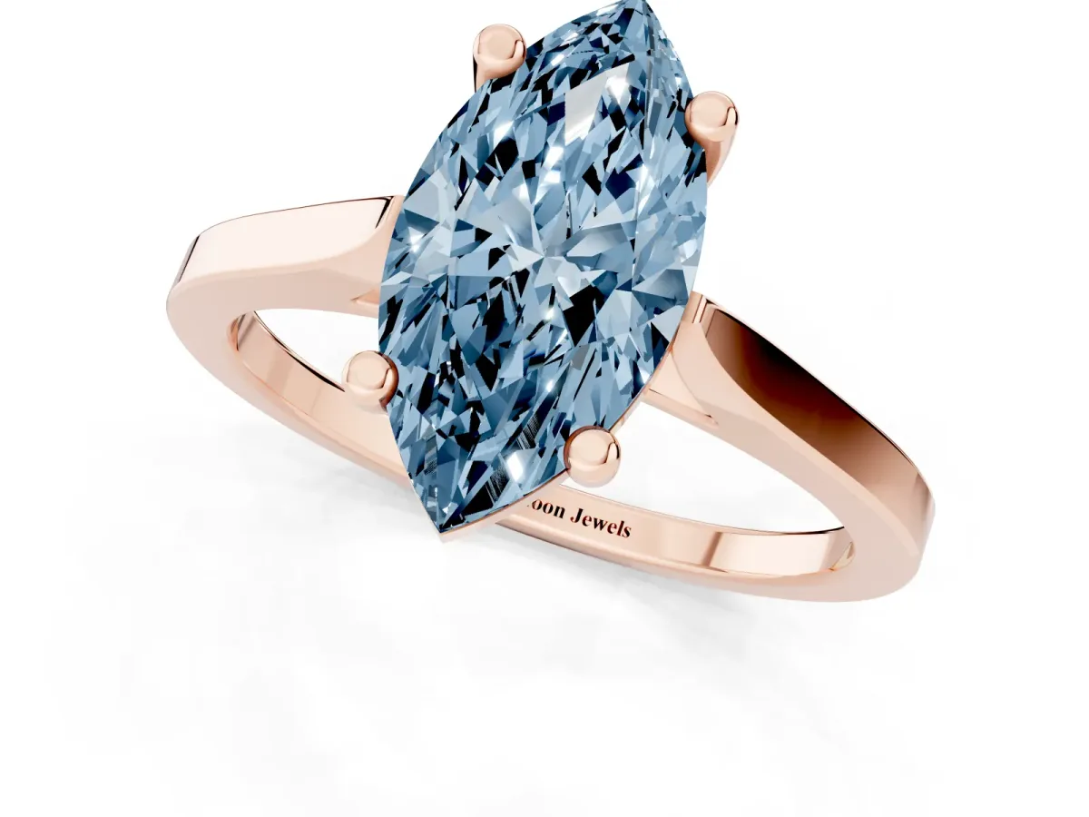 Fancy Blue Marquise Cut Solitaire Diamond Ring with Four-Prong Setting and Tapered Band Rose gold